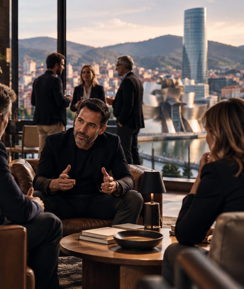 Empresarios conversando en un salón con vistas a la ría de Bilbao
