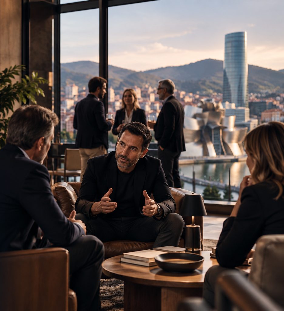 Empresarios conversando en un salón con vistas a la ría de Bilbao y al Museo Guggenheim