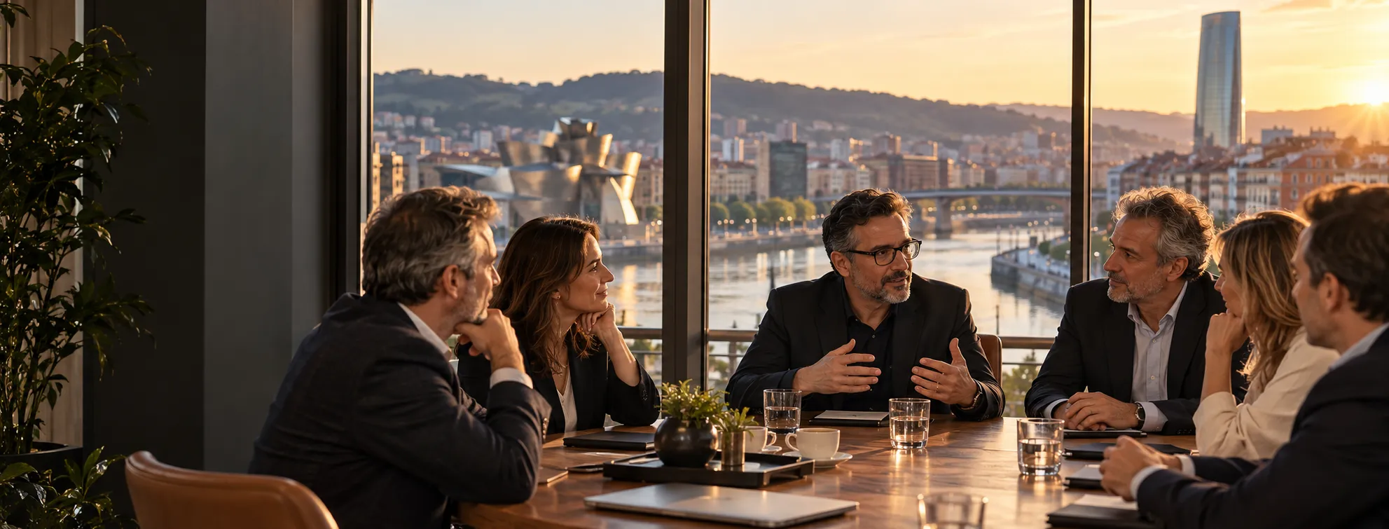 Empresarios conversando alrededor de una mesa junto a la ría de Bilbao al atardecer