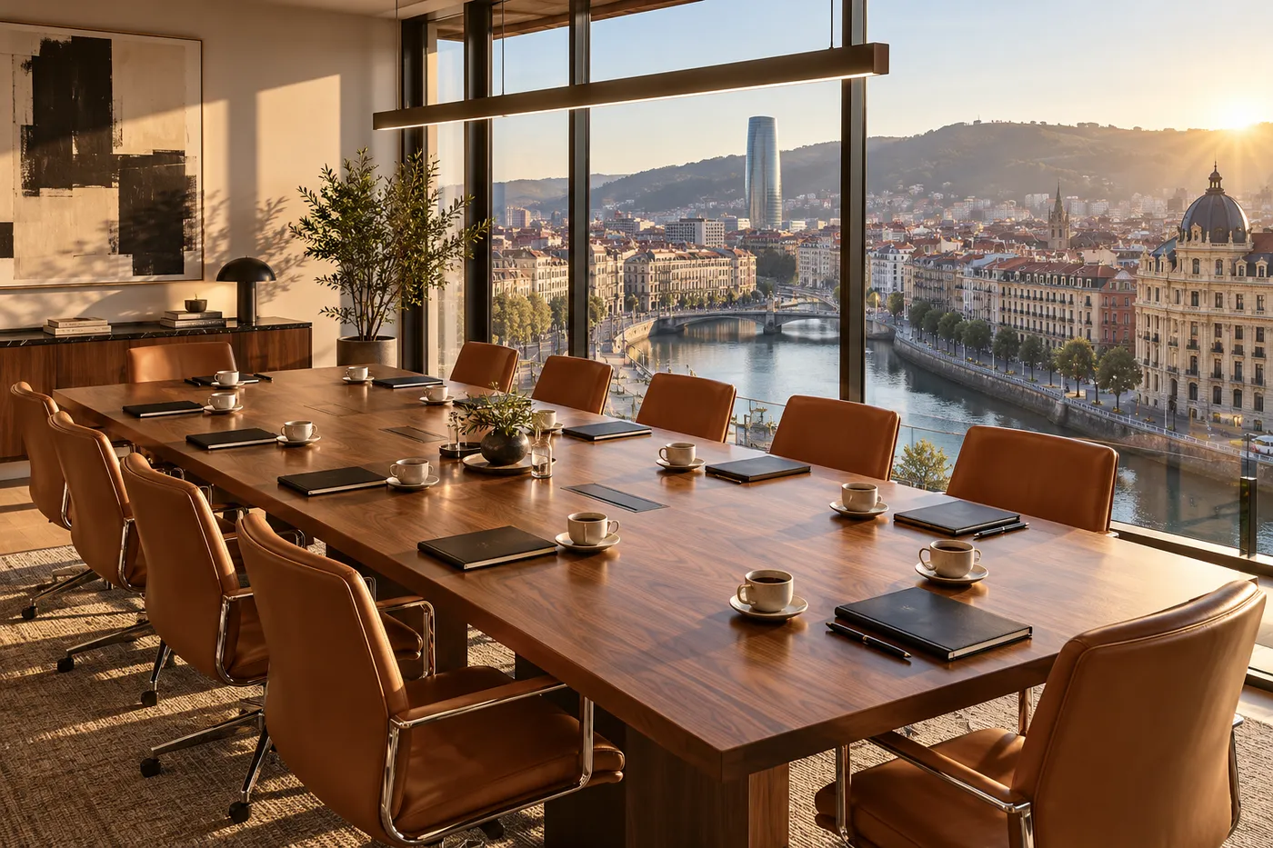 Sala de trabajo preparada para una sesión, con vistas a la ría de Bilbao