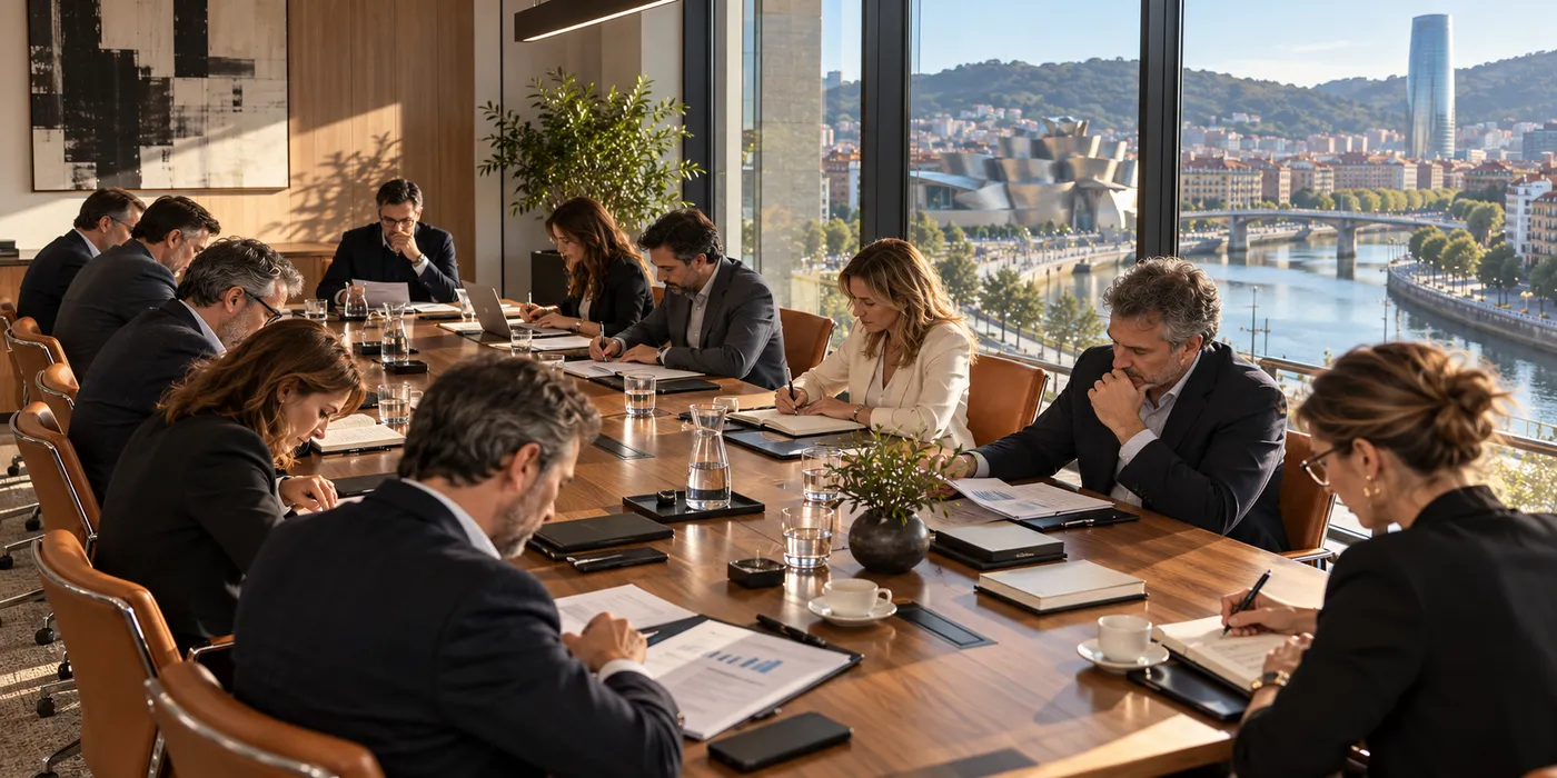 Empresarios trabajando en silencio sobre su empresa en una mesa larga con vistas a la ría de Bilbao