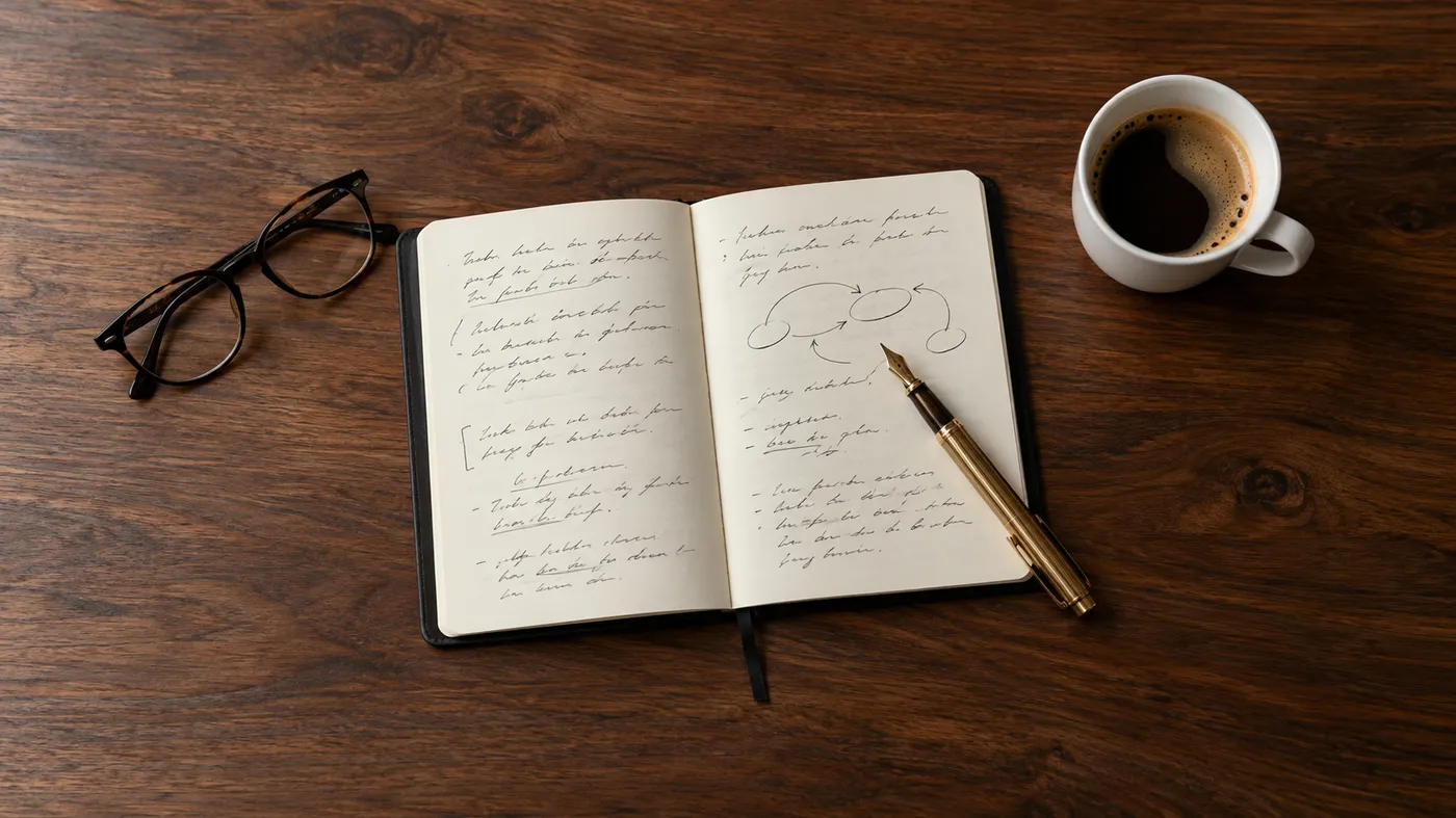 Cuaderno de trabajo con anotaciones, estilográfica y café