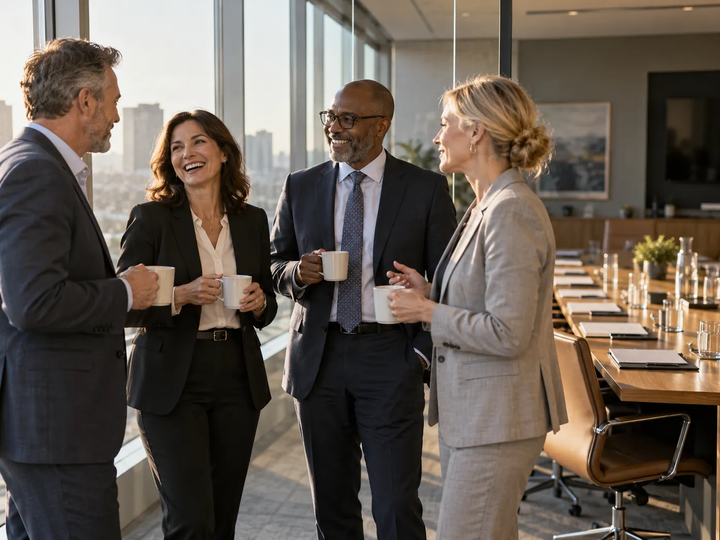 Empresarios conversando con un café antes de la sesión