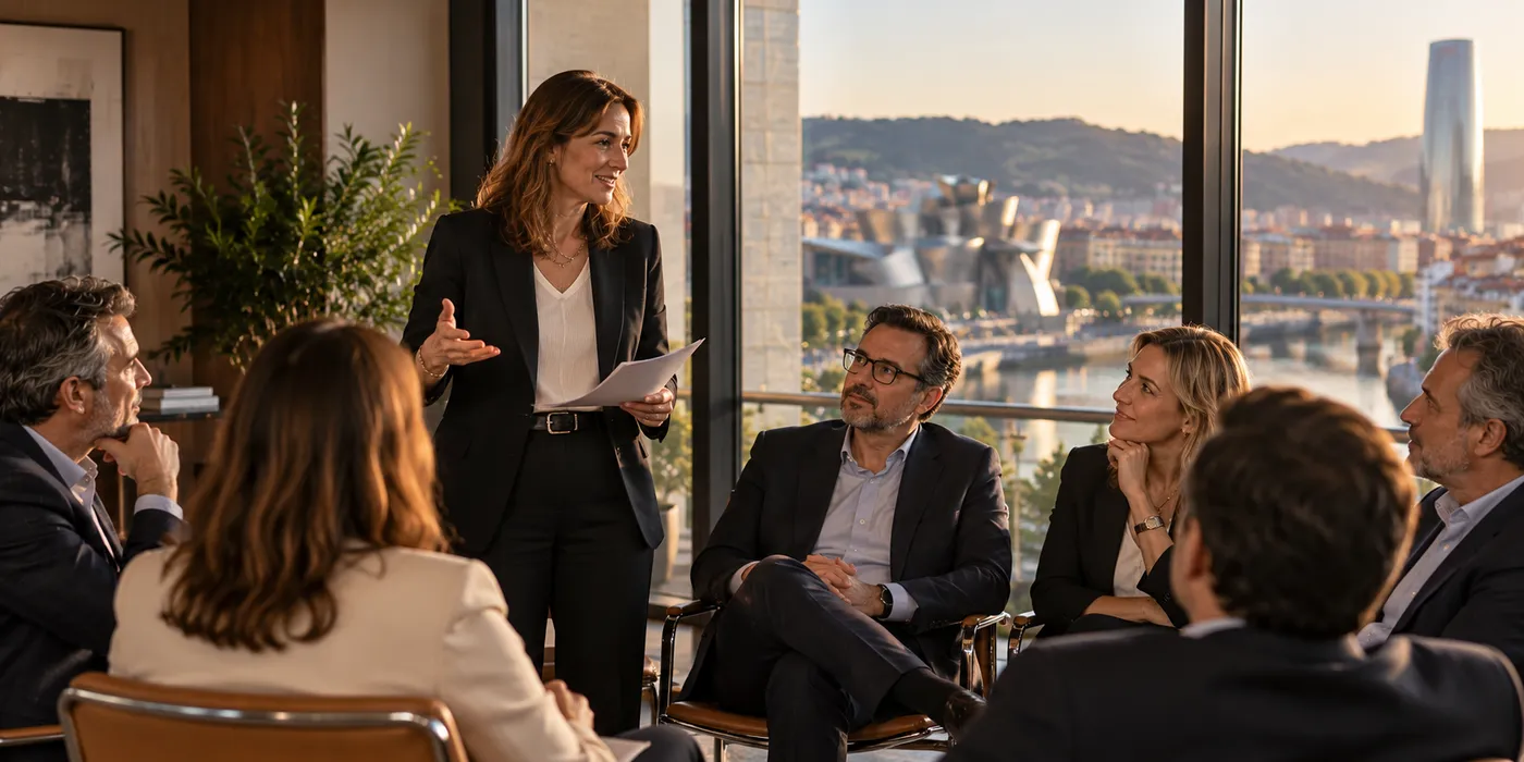 Invitada del trimestre conversando con los miembros, con Bilbao al fondo