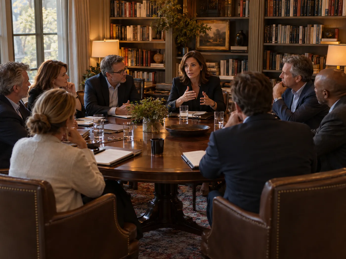 Mesa de empresarios reunida en torno a una mesa redonda en una sala con biblioteca